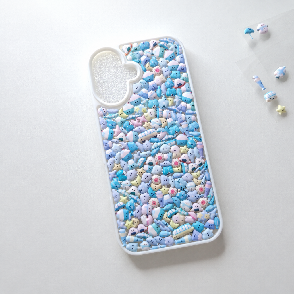 Cute Blue Kawaii Sticker Phone Case – Handmade DIY Design