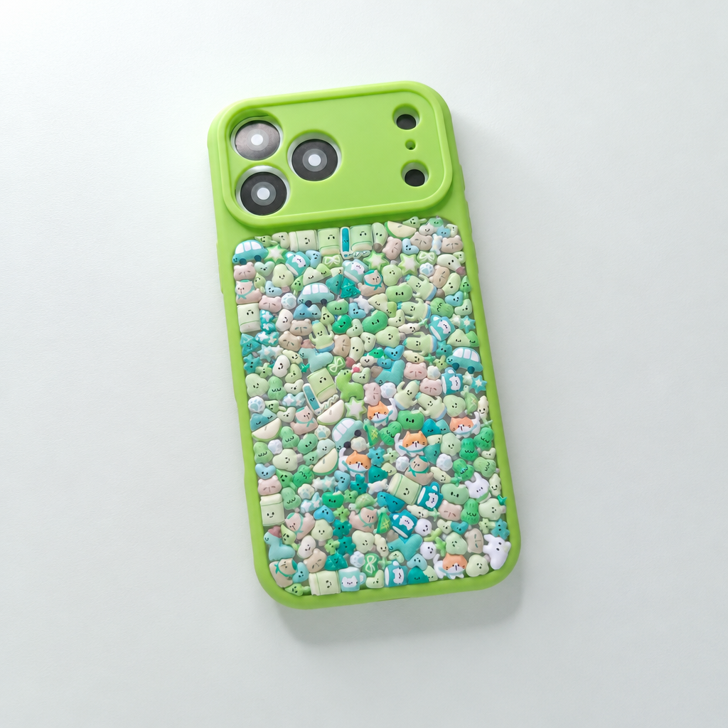 Handmade Green Cute Soft Sticker Phone Case, Kawaii Decoden Cover Resin Sealed for iPhone
