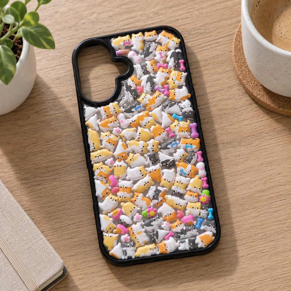 Handmade Yellow Dog Soft Sticker Phone Case, Kawaii Decoden Cover Resin Sealed for iPhone