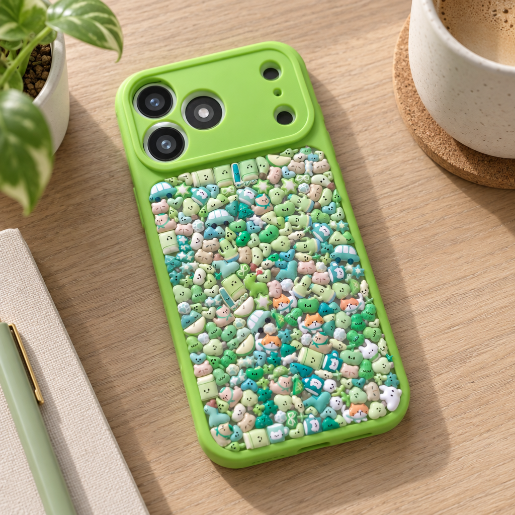 Handmade Green Cute Soft Sticker Phone Case, Kawaii Decoden Cover Resin Sealed for iPhone