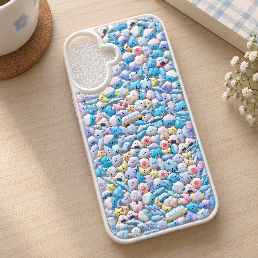 Cute Blue Kawaii Sticker Phone Case – Handmade DIY Design