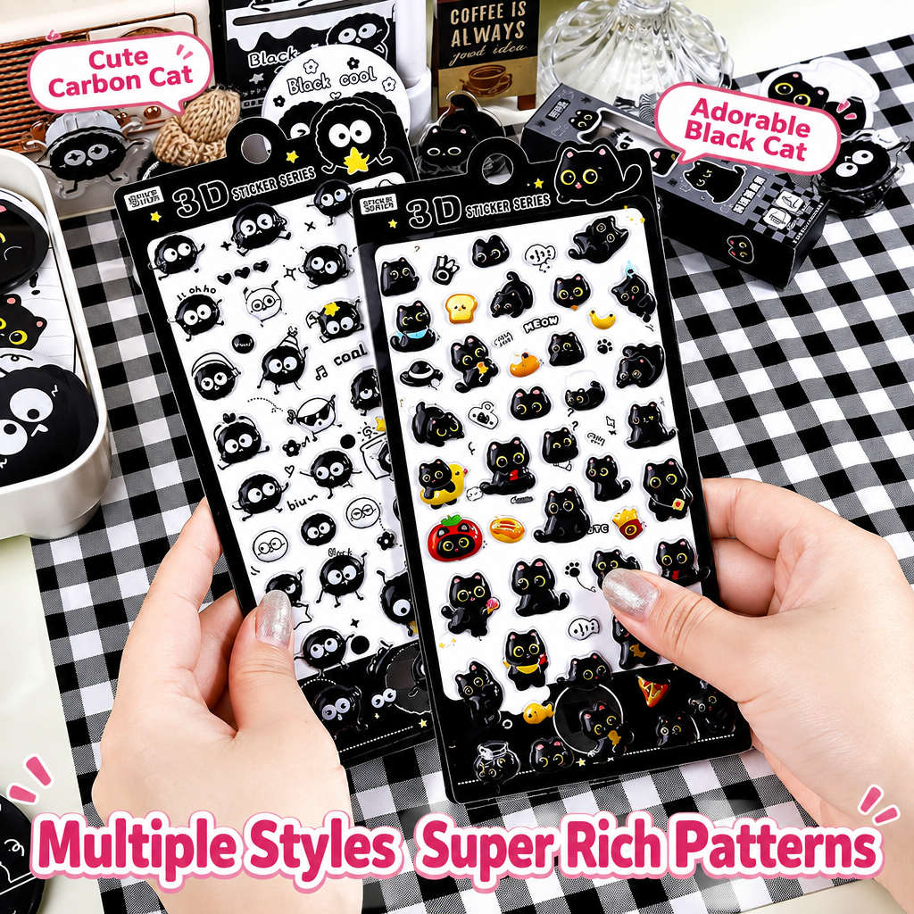 Cute 3D Black Cat Stickers – Waterproof PET Raised Stickers for Phone, Laptop, Journal & DIY Decoration