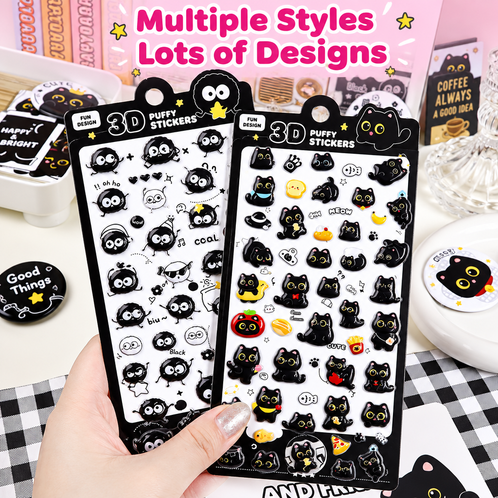 Cute 3D Black Cat Stickers – Waterproof PET Raised Stickers for Phone, Laptop, Journal & DIY Decoration