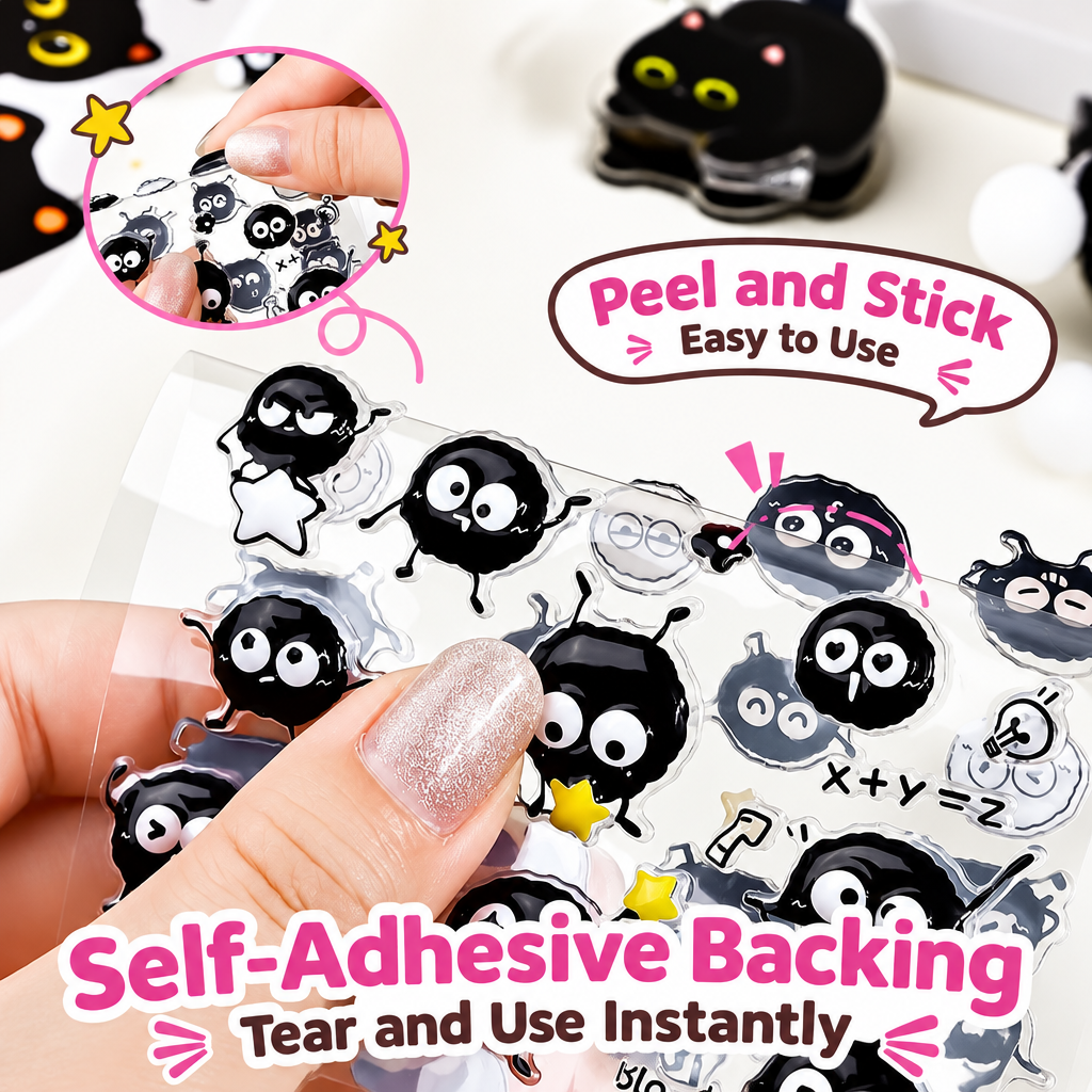 Cute 3D Black Cat Stickers – Waterproof PET Raised Stickers for Phone, Laptop, Journal & DIY Decoration