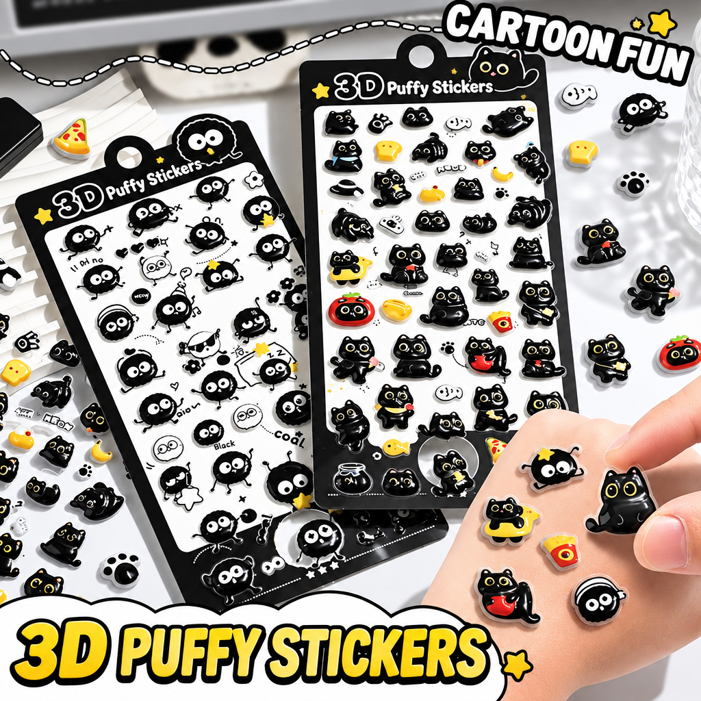 Cute 3D Black Cat Stickers – Waterproof PET Raised Stickers for Phone, Laptop, Journal & DIY Decoration