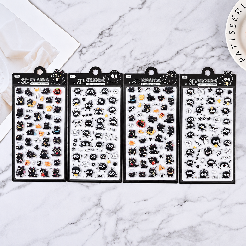 Cute 3D Black Cat Stickers – Waterproof PET Raised Stickers for Phone, Laptop, Journal & DIY Decoration